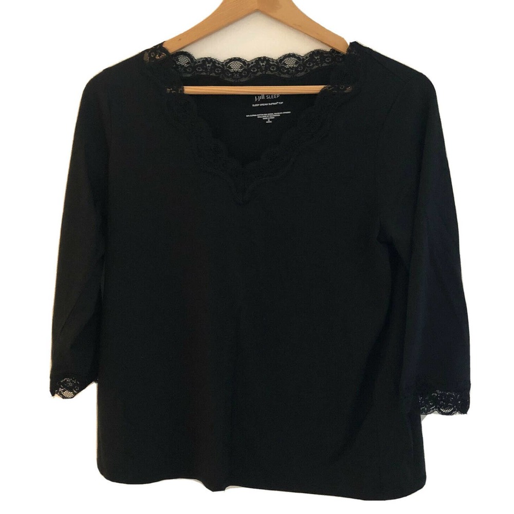 J Jill Sleep Women’s Size S Petite 3/4 Sleeve Black Knit Shirt Lace Detail